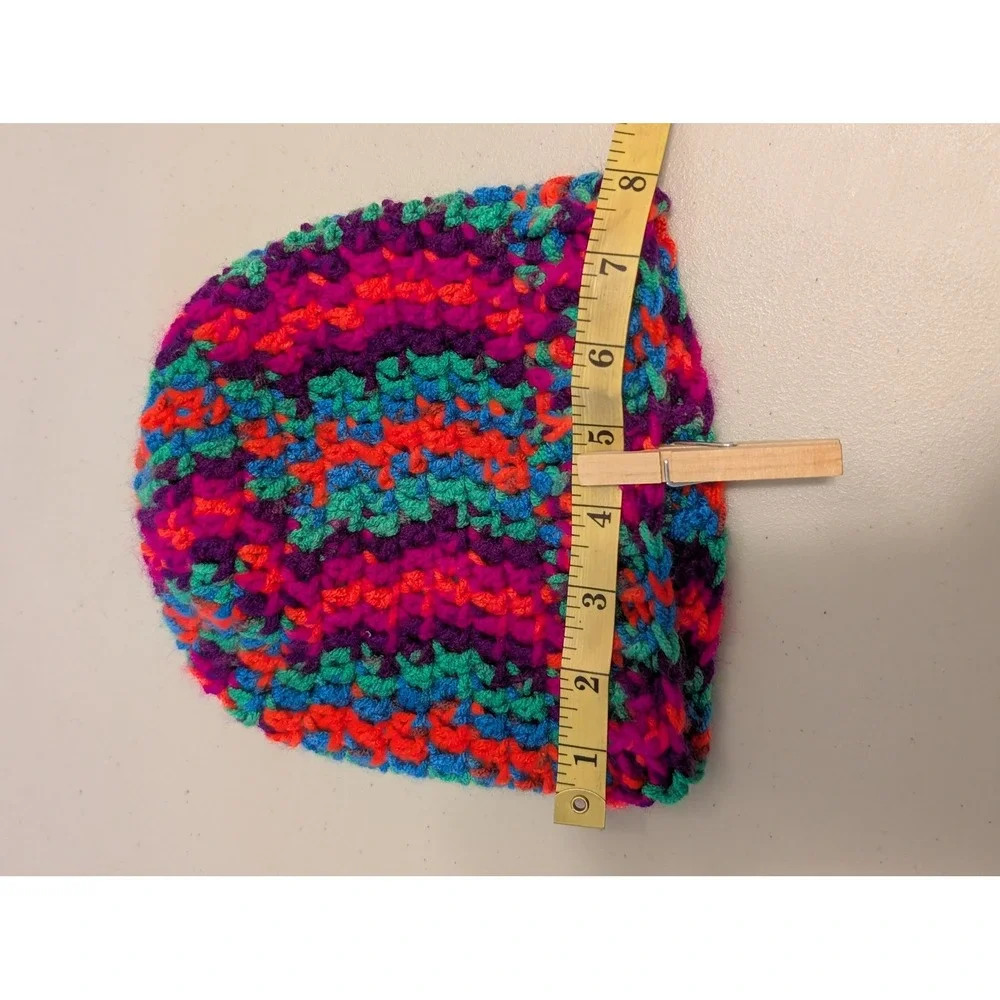 Handmade Crochet Beanie Kids Multi Color Neon Pink Purple Blue‎ Striped Knit Hat